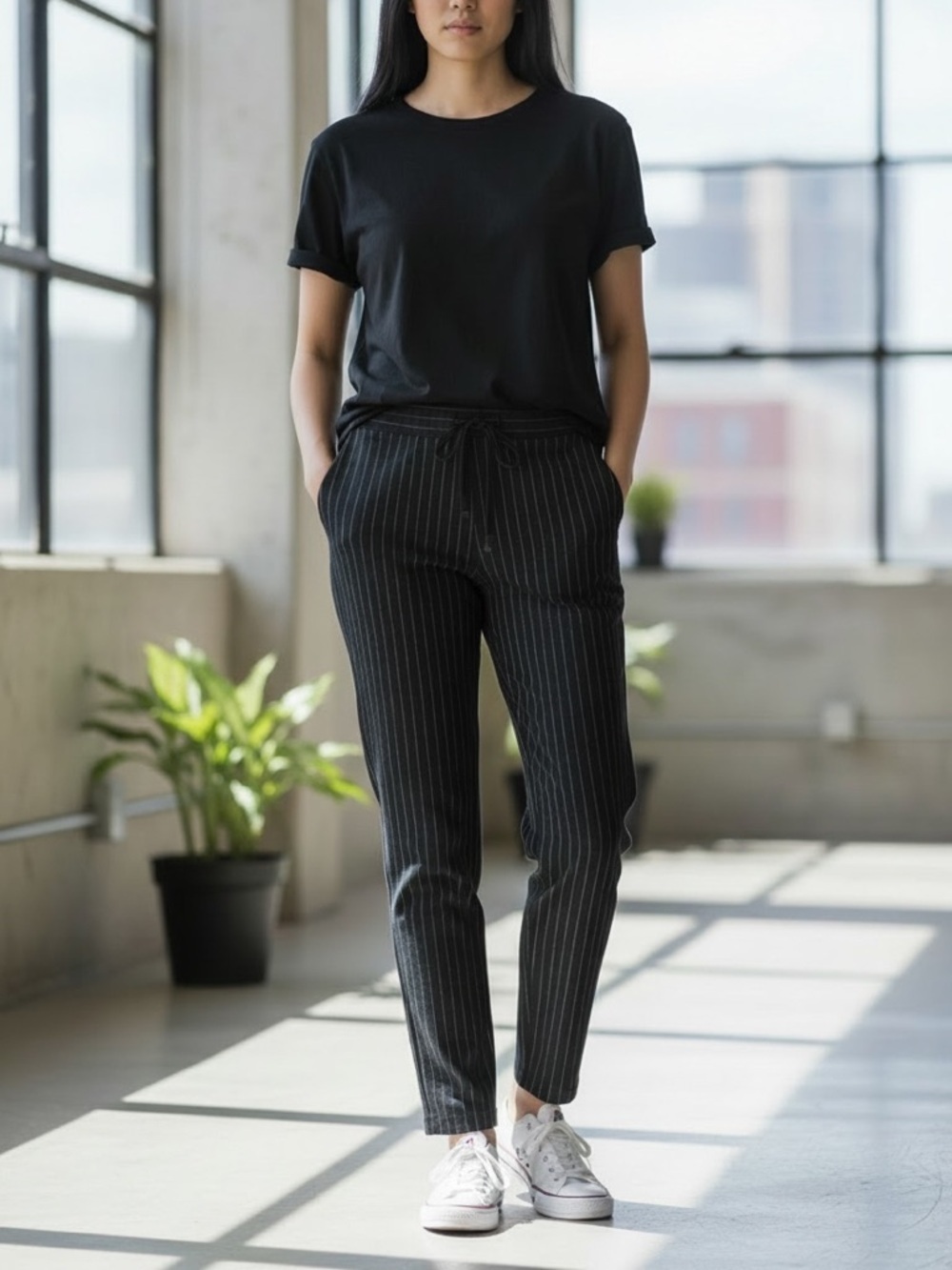 A New Day Navy Blue Pinstripe Pull On Terry Cloth Pants Size Small